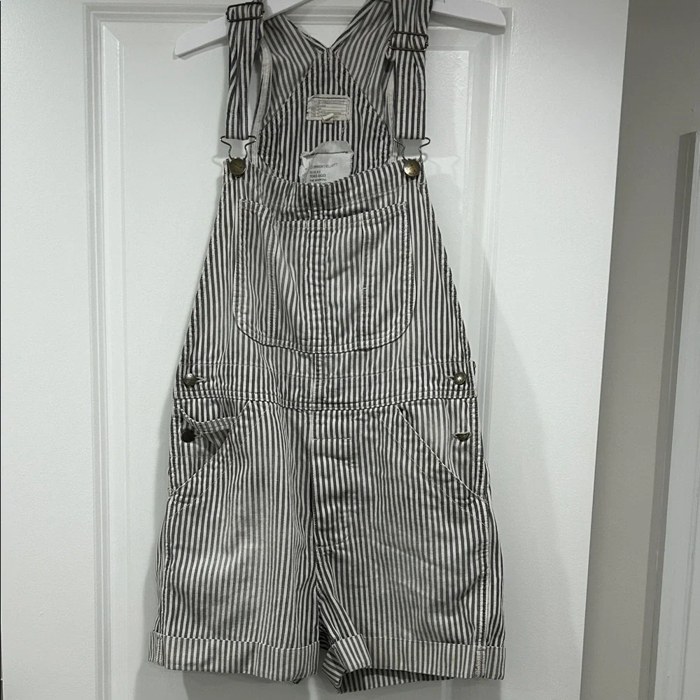 Current/Elliott Railroad Ticking Stripe Denim Shortalls - Picture 4 of 6